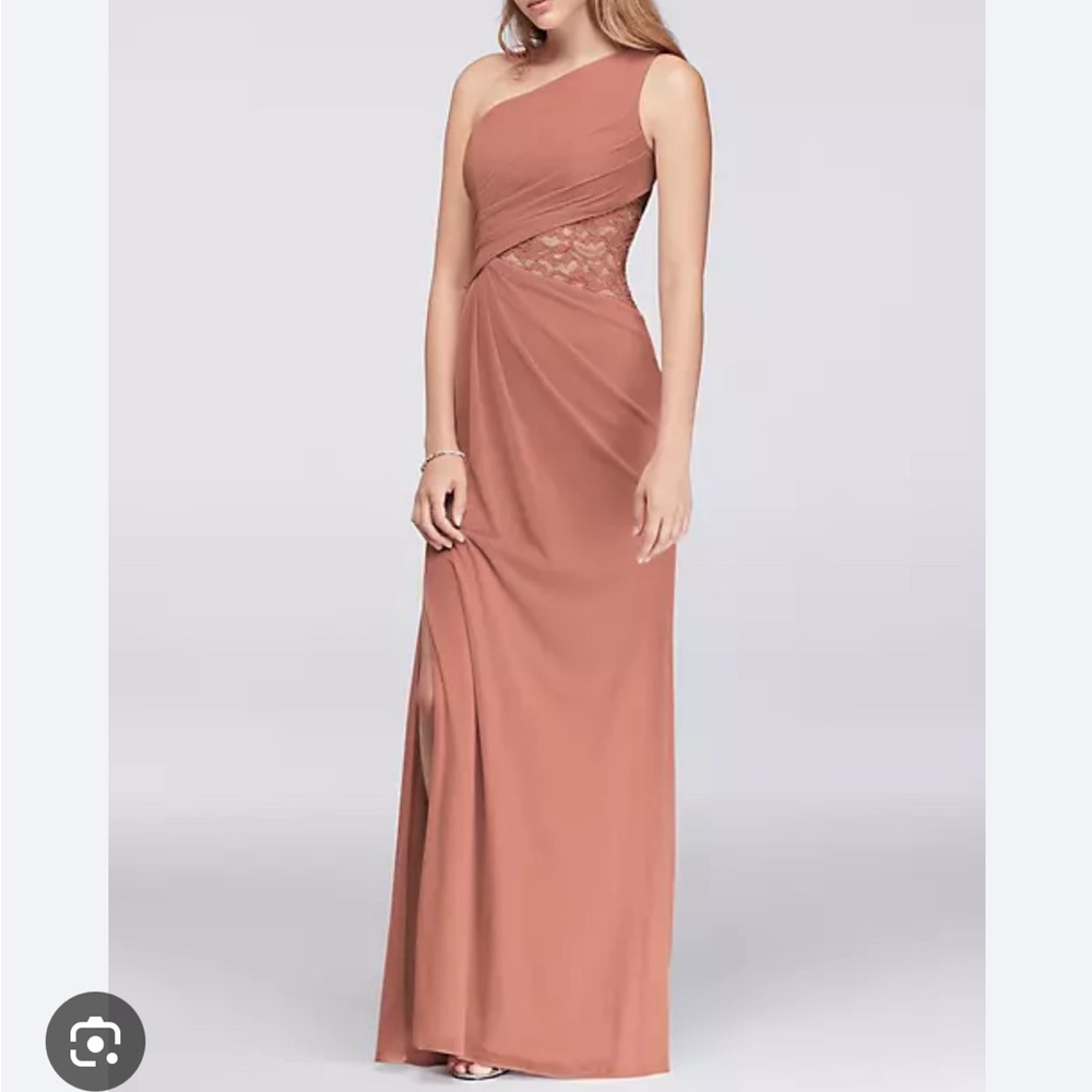 David’s Bridal one-shoulder mesh dress with lace inset - size 8